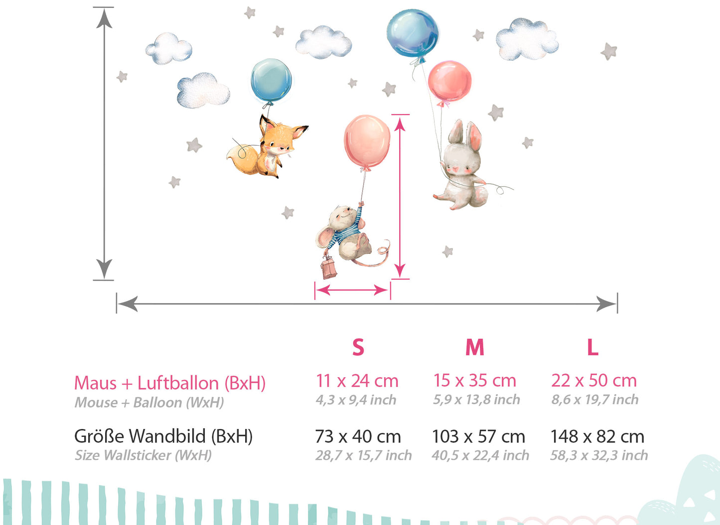 Wandtattoo Fuchs Maus und Hase mit Luftballon DK1073